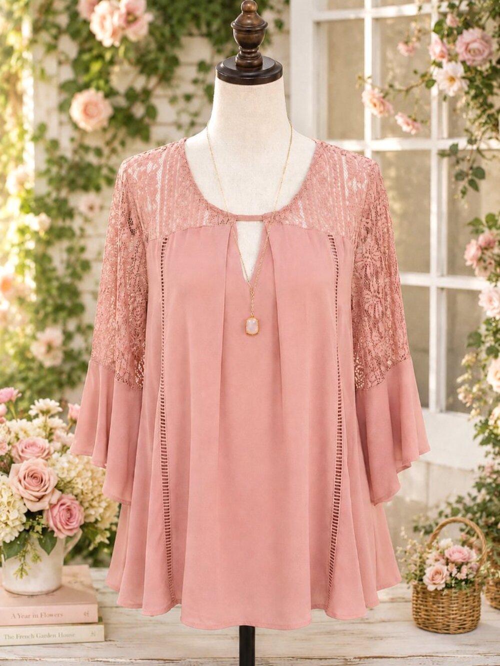 Umgee Brand Blush Pink Lace Bell Sleeve Boho Romantic Cottagecore Blouse Size S